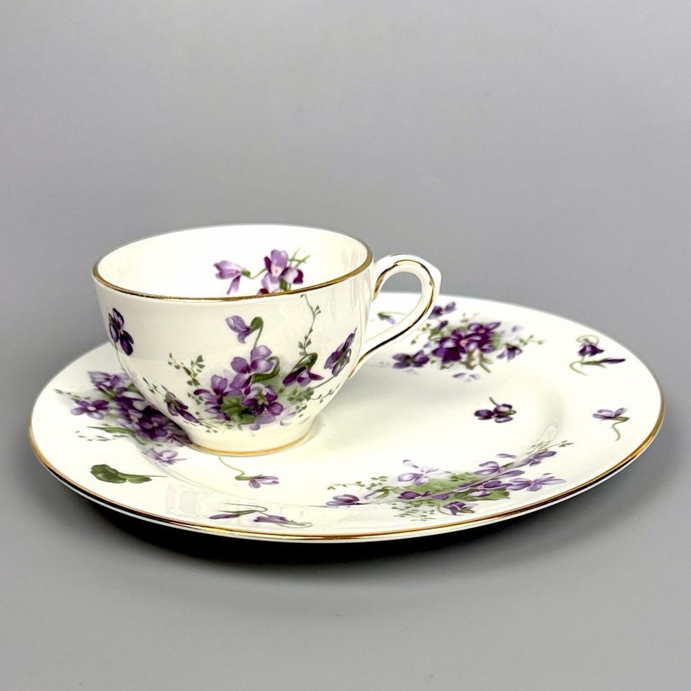 Hammersley Victorian Violets Snack Plate & Cup England White Purple